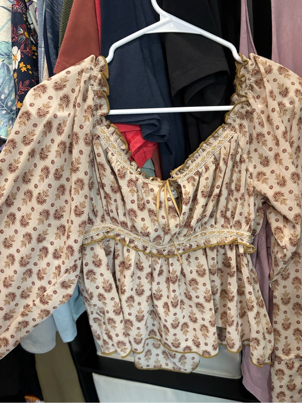 American eagle Cream Floral Peasant Blouse with Brown Print